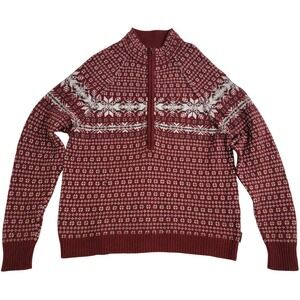 Woolrich Womens Ruby Heather Red 100% Lambswool Fair‎ Isle Quarter Zip Sweater L